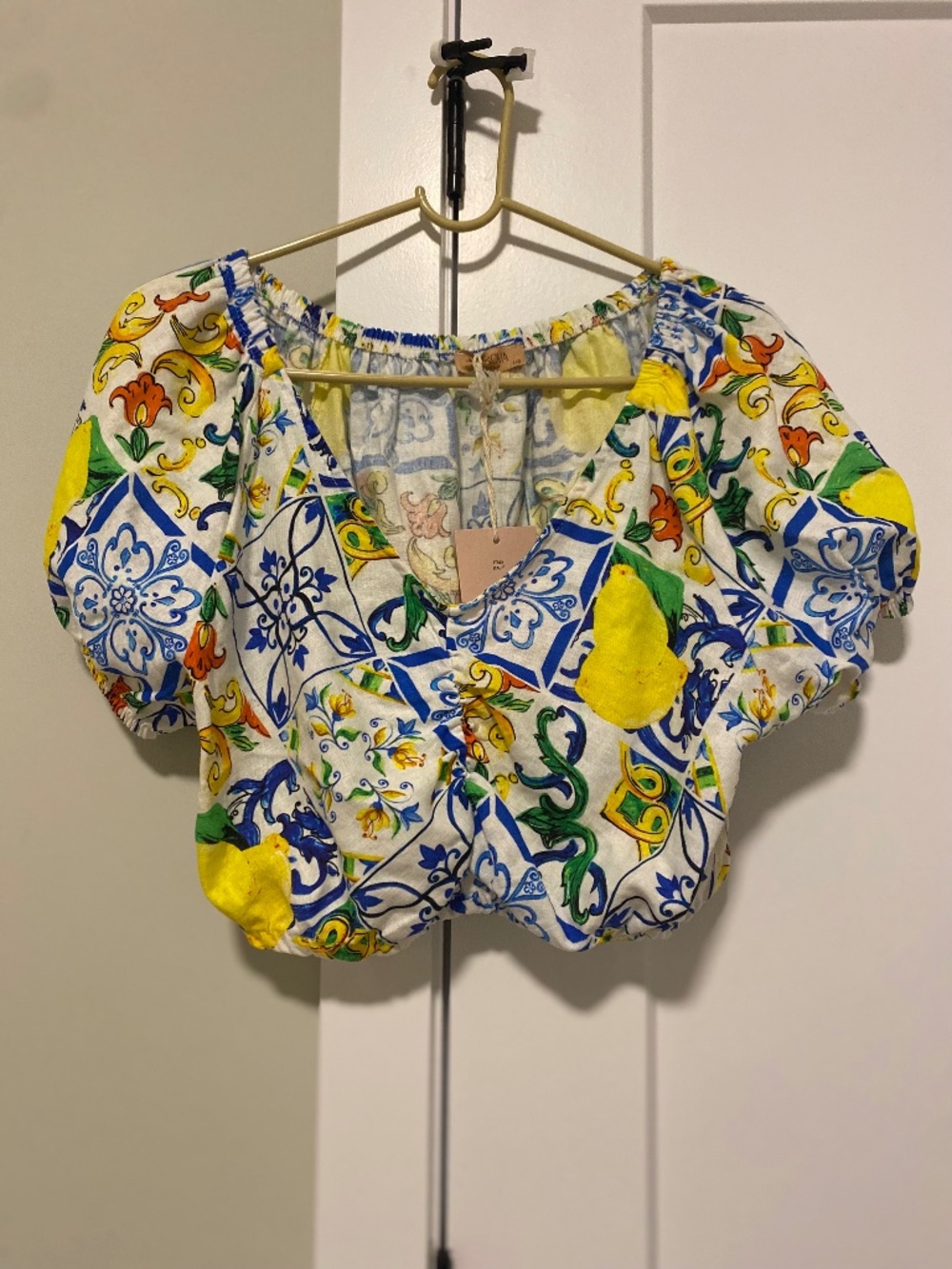 Greek Print Vacation Ruched Cropped Linen Blend Blouse